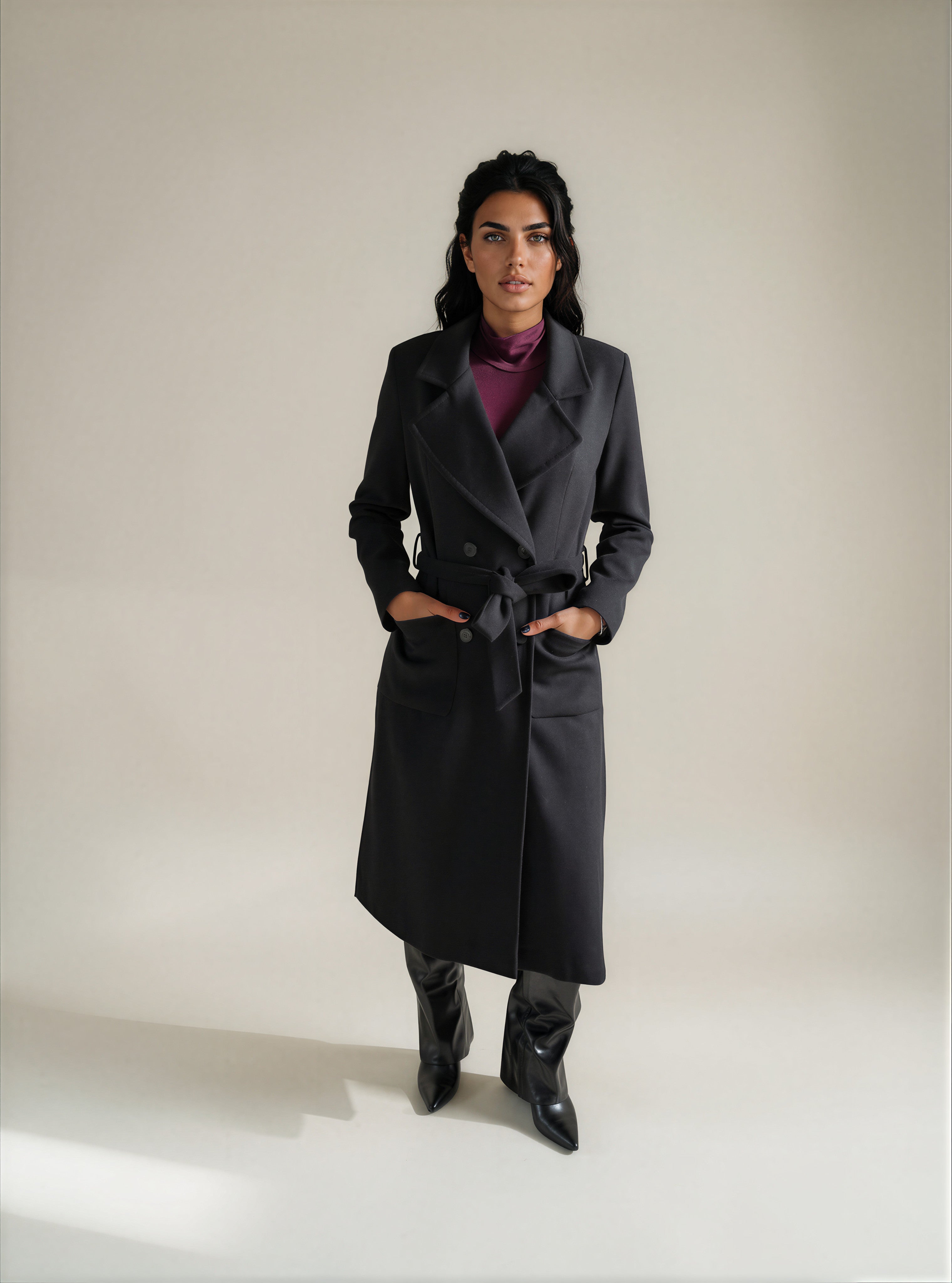 Cappotto Lungo Sartoriale con Cintura in Vita