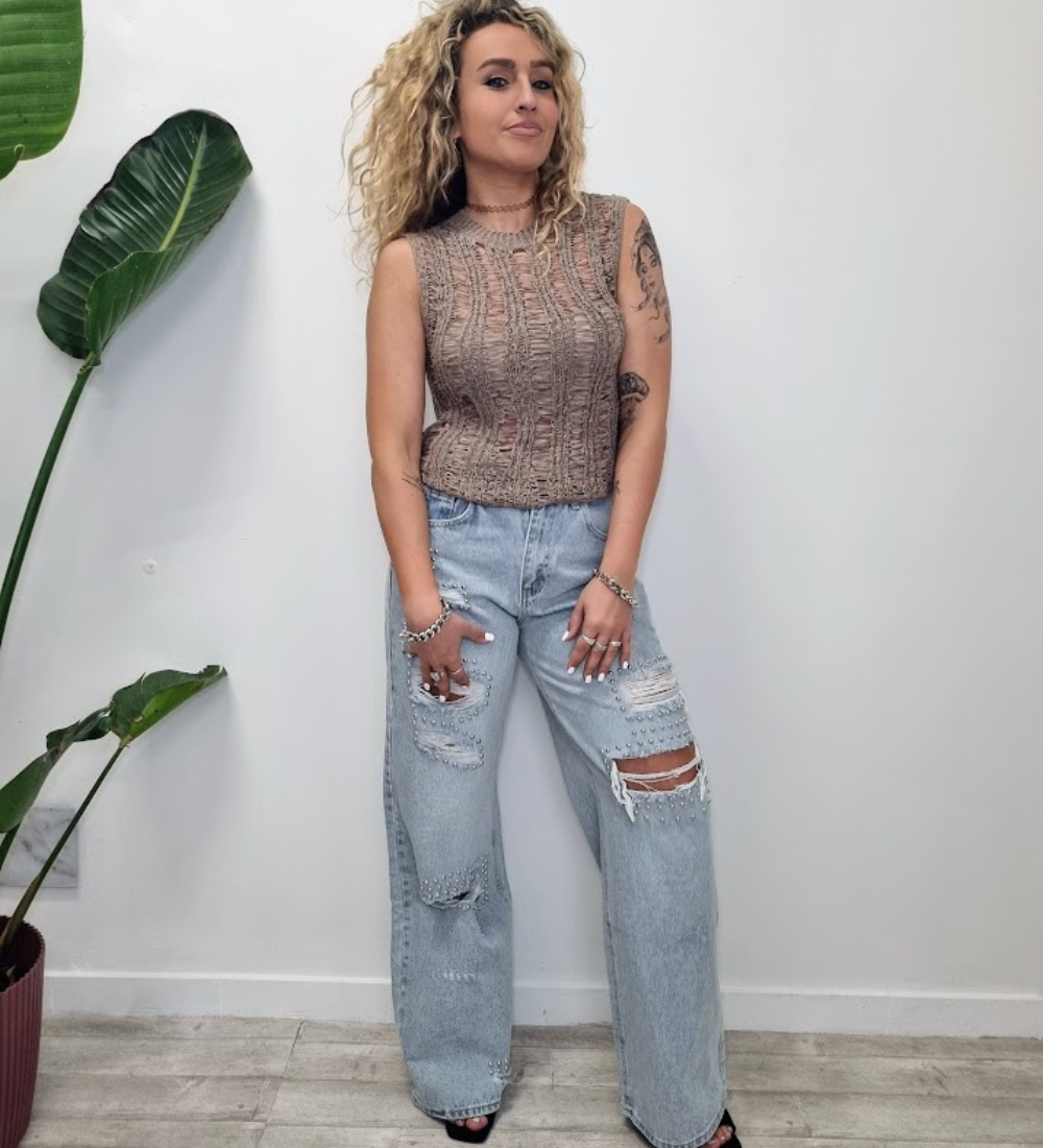 Top Smanicato in Maglia Crochet "Distressed" – Tortora