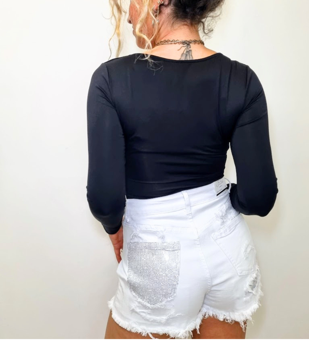 Shorts in Denim Bianco Distressed con Strass