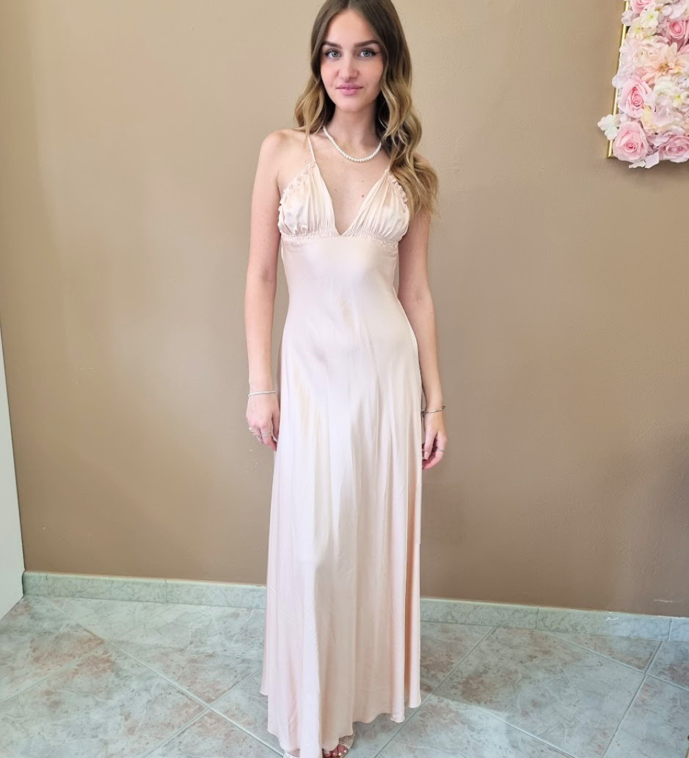 Abito Lungo Satin Dream con Scollo a V e Spalline Sottili - Rosa Cipria