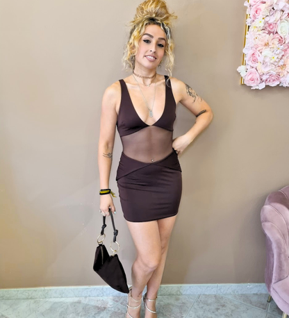 Vestito Corto Effetto Due Pezzi con Inserto in Mesh – Cacao