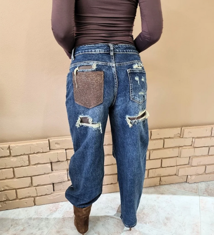 Jeans Balloon con Dettagli Glitz & Patch Marroni