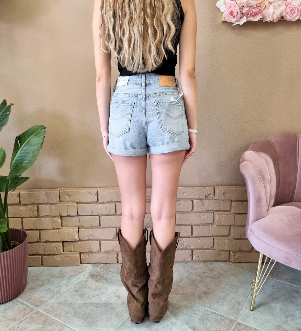 Shorts in Denim Bianco a Vita Alta con Risvolto Regolabile