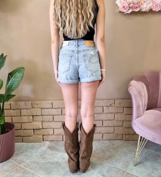 Shorts in Denim Bianco a Vita Alta con Risvolto Regolabile