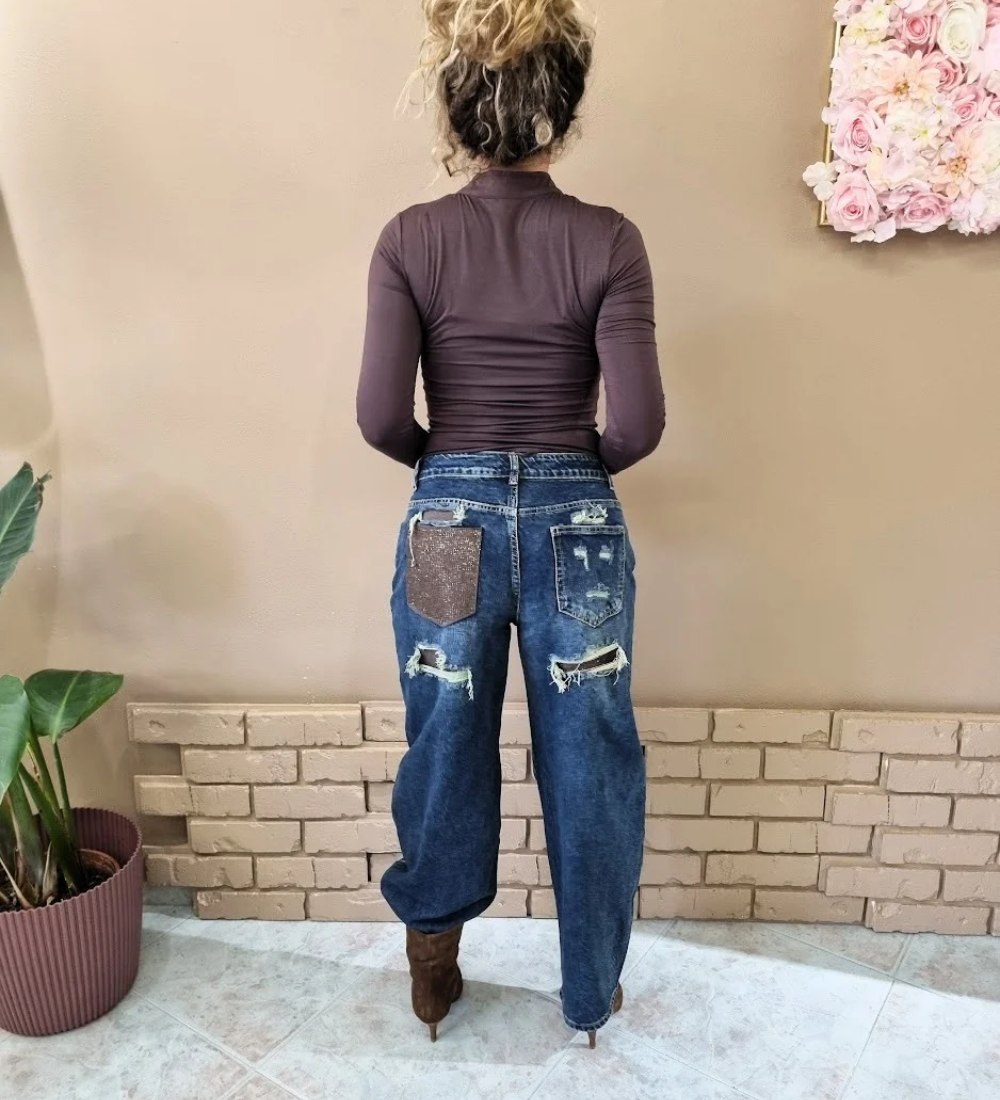 Jeans Balloon con Dettagli Glitz & Patch Marroni
