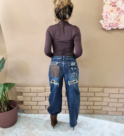 Jeans Balloon con Dettagli Glitz & Patch Marroni