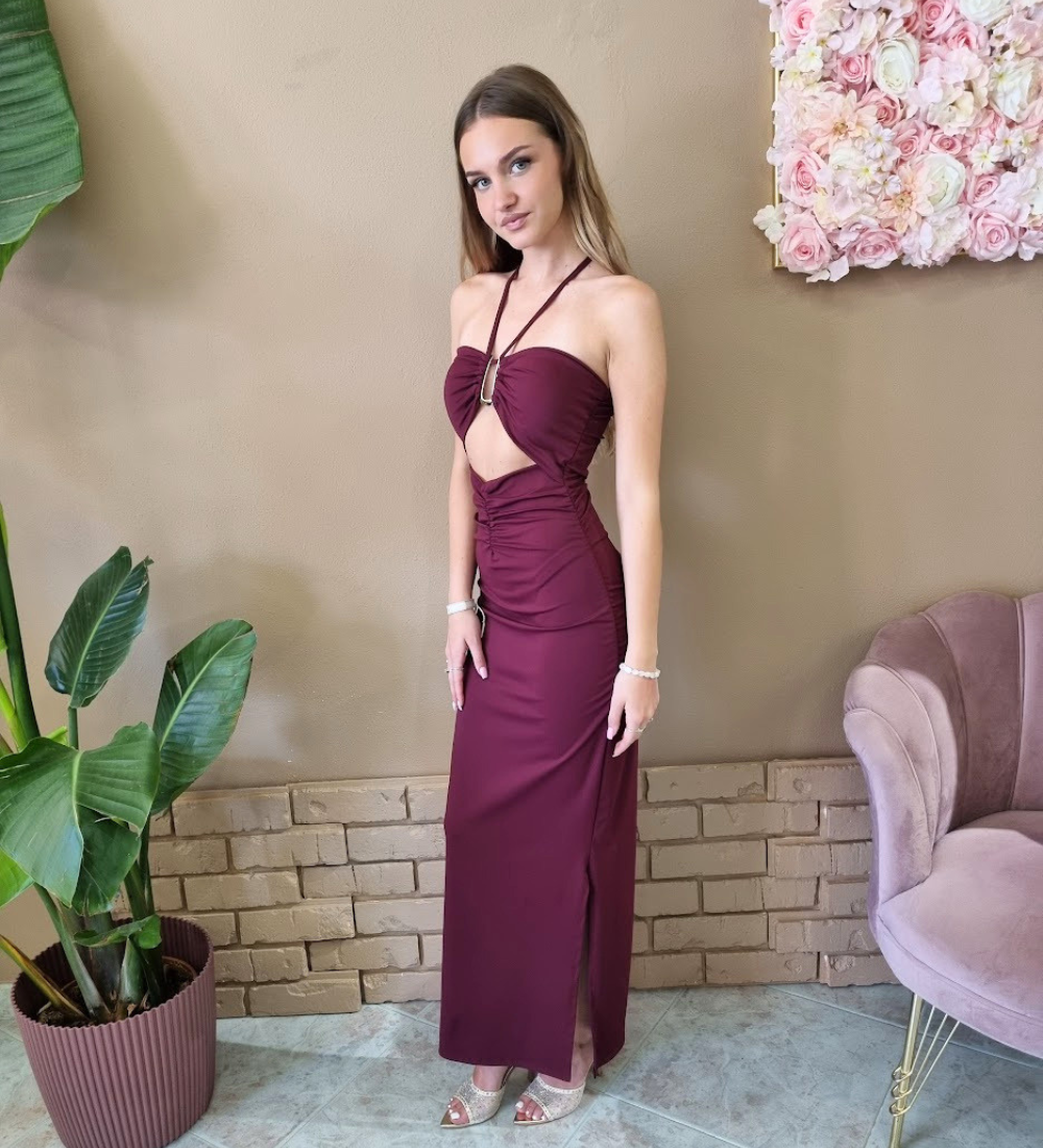 Abito Lungo Cut-Out con Dettaglio Bijou e Scollatura Halter Bordeaux