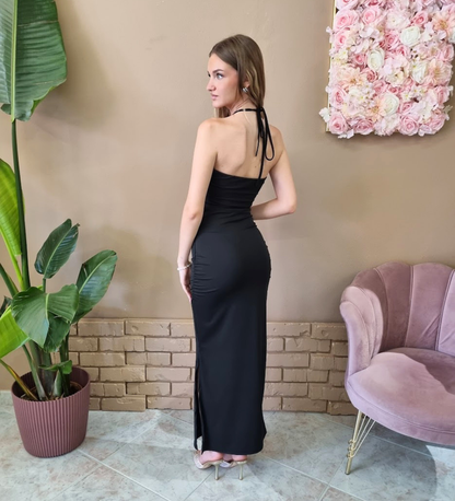 Abito Lungo Cut-Out con Dettaglio Bijou e Scollatura Halter Nero