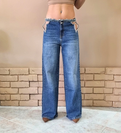 Jeans Wide Leg a Vita Bassa con Dettaglio Fiocco di Strass e Cut-Out