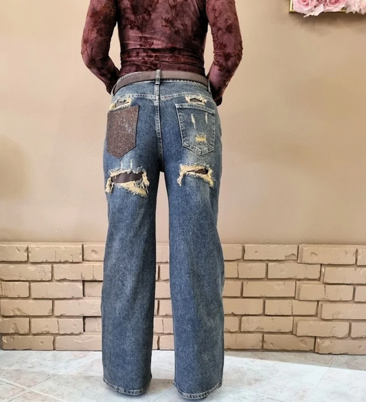 Jeans Palazzo Vintage con Dettagli a Toppe e Tasca Glitterata