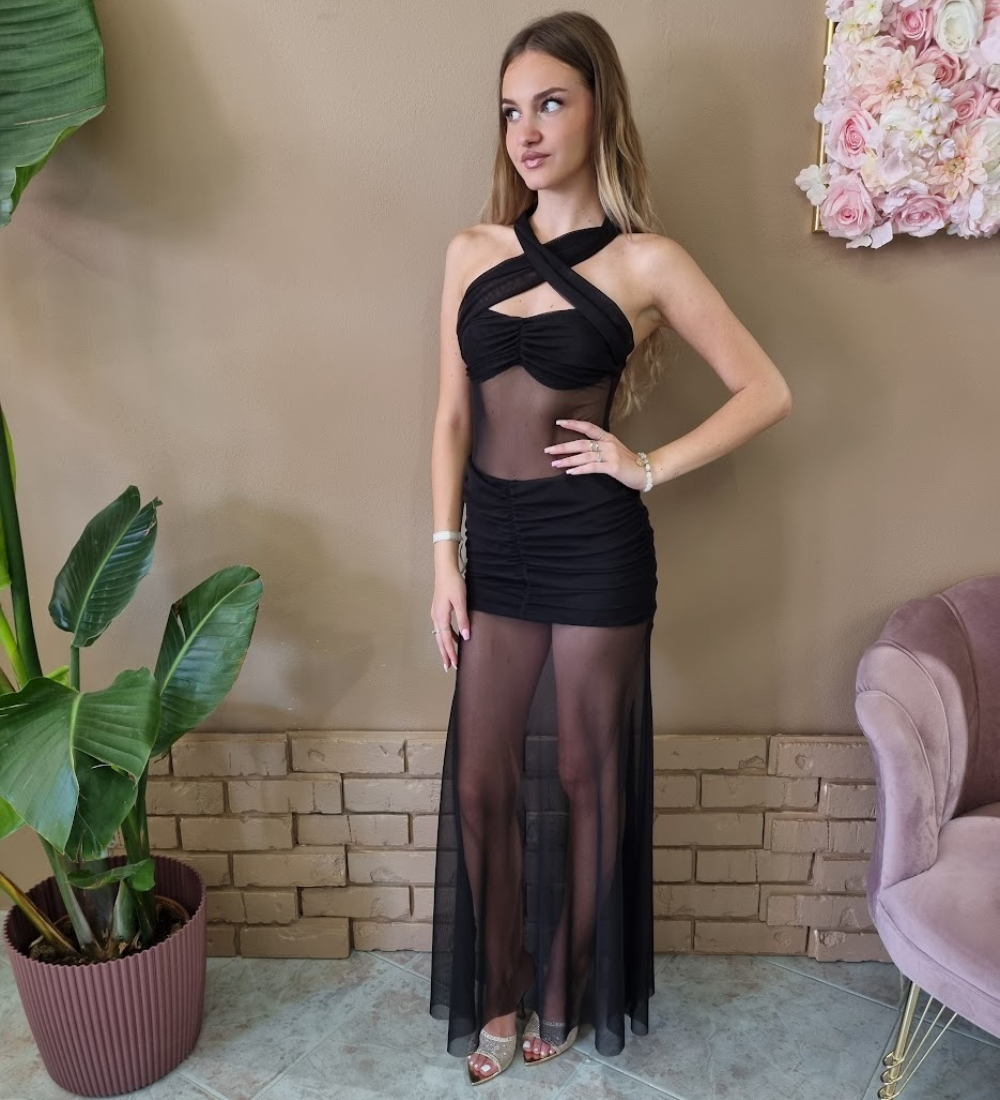 Abito Lungo a Sirena in Tulle con Scollo Incrociato e Arricciature Nero