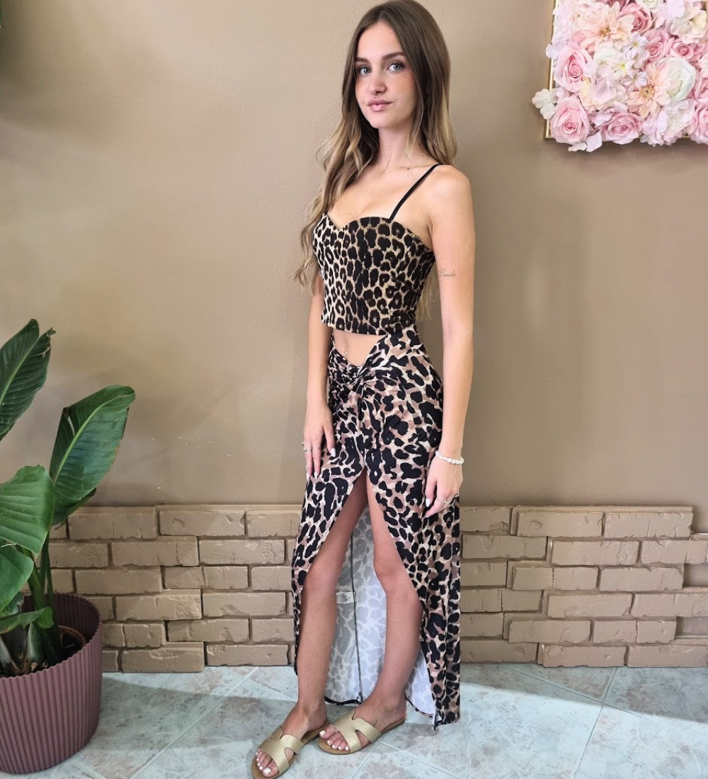 Gonna Lunga Drappeggiata con Stampa Leopardata