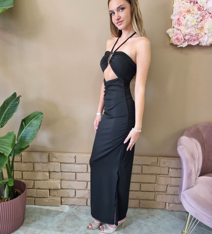 Abito Lungo Cut-Out con Dettaglio Bijou e Scollatura Halter Nero