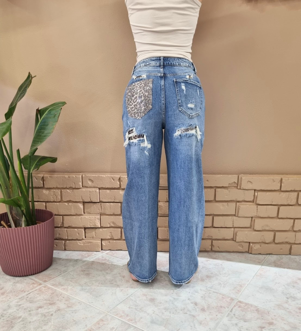 Jeans Barrel con Tasca Animalier Glitter & Dettagli Cut-Out