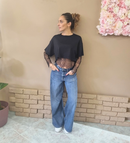Maglia Cropped con Maniche e Dettagli in Pizzo