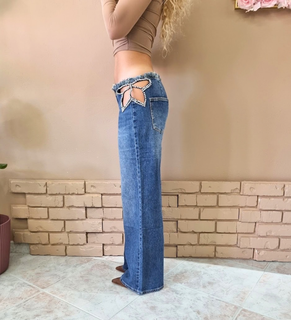 Jeans Wide Leg a Vita Bassa con Dettaglio Fiocco di Strass e Cut-Out