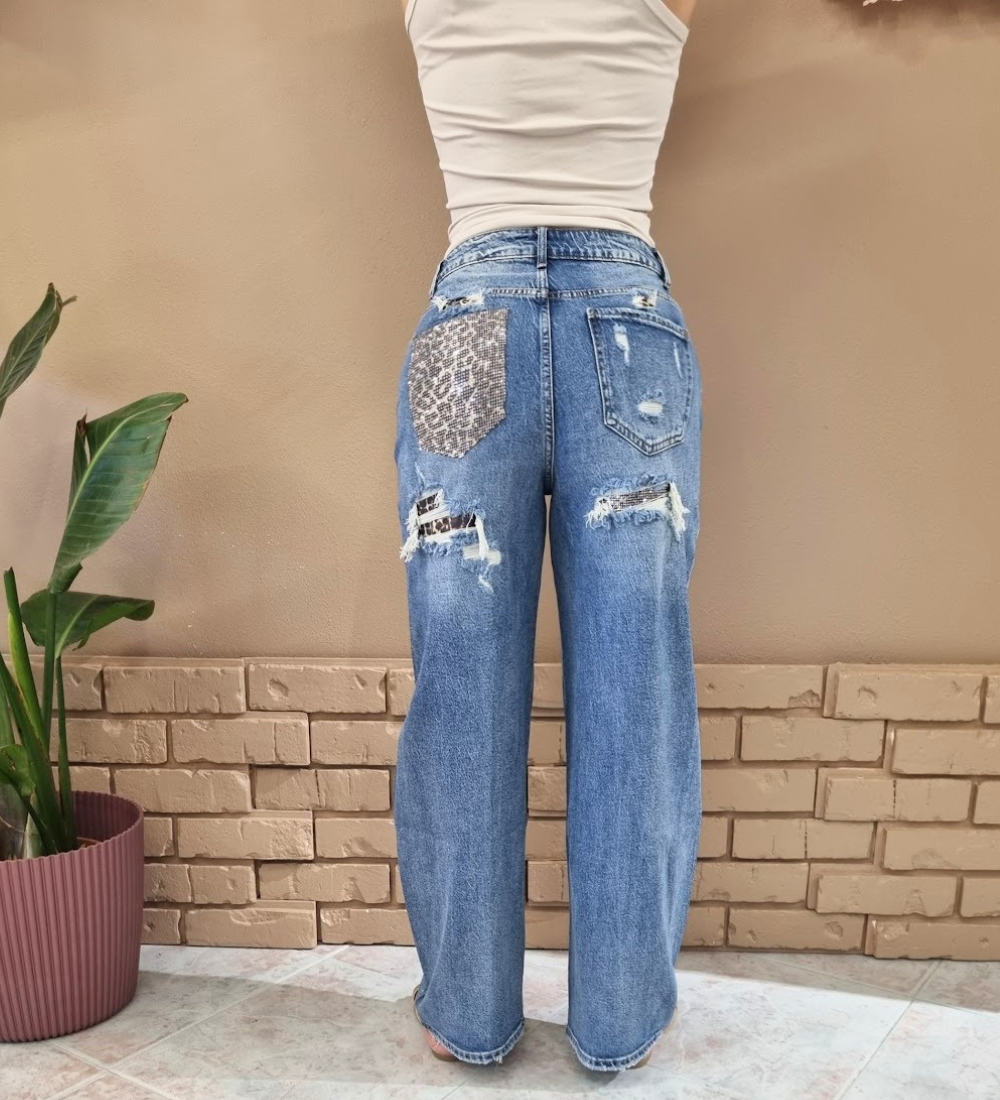 Jeans Barrel con Tasca Animalier Glitter & Dettagli Cut-Out