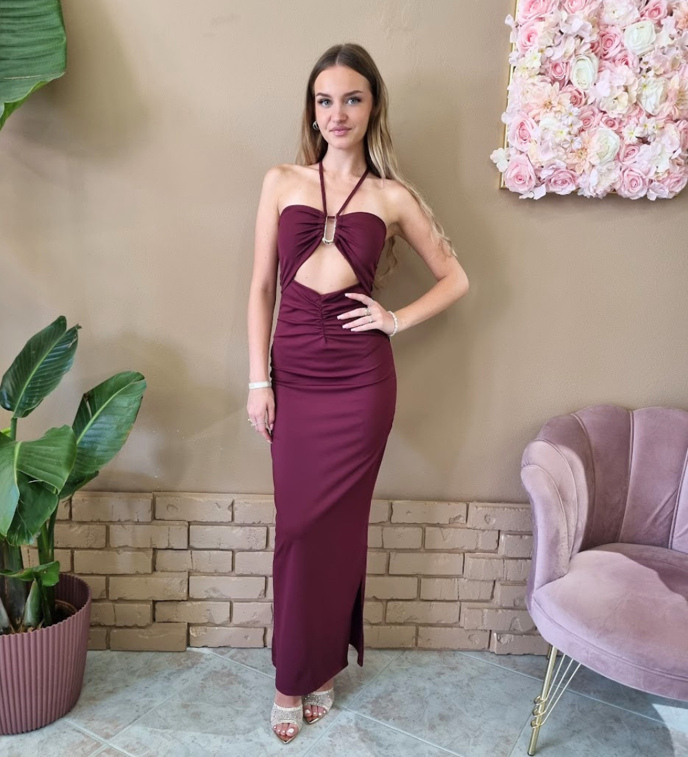 Abito Lungo Cut-Out con Dettaglio Bijou e Scollatura Halter Bordeaux