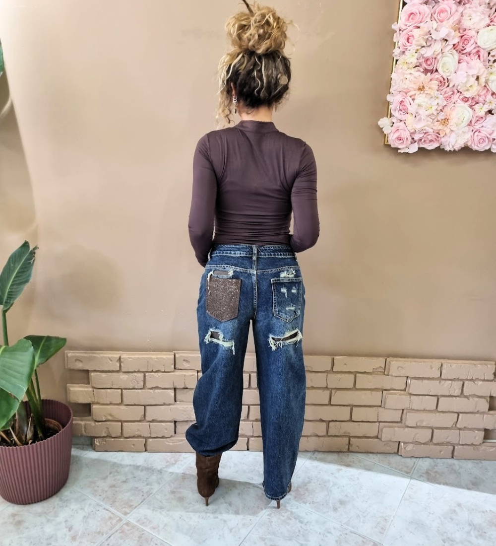 Jeans Balloon con Dettagli Glitz & Patch Marroni