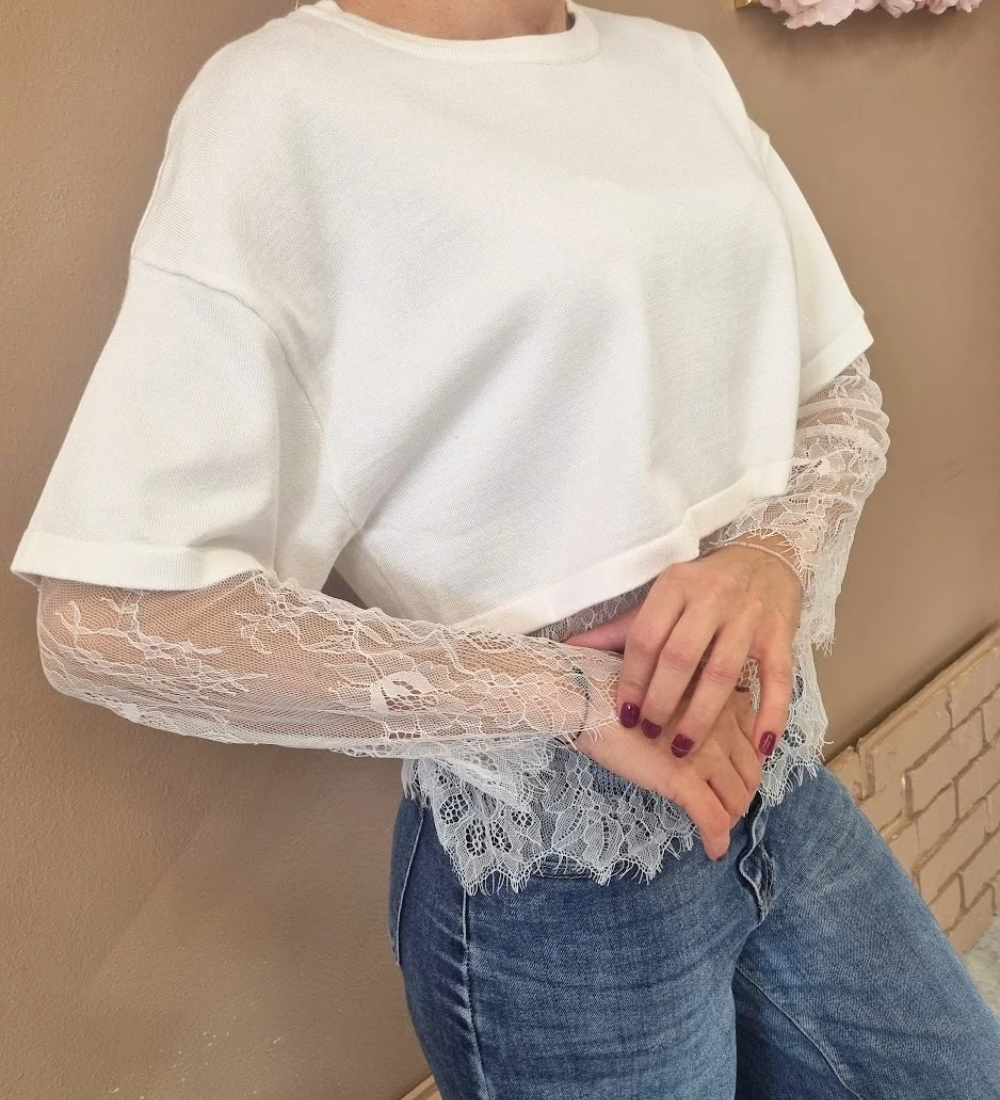 Maglia Cropped con Maniche e Dettagli in Pizzo