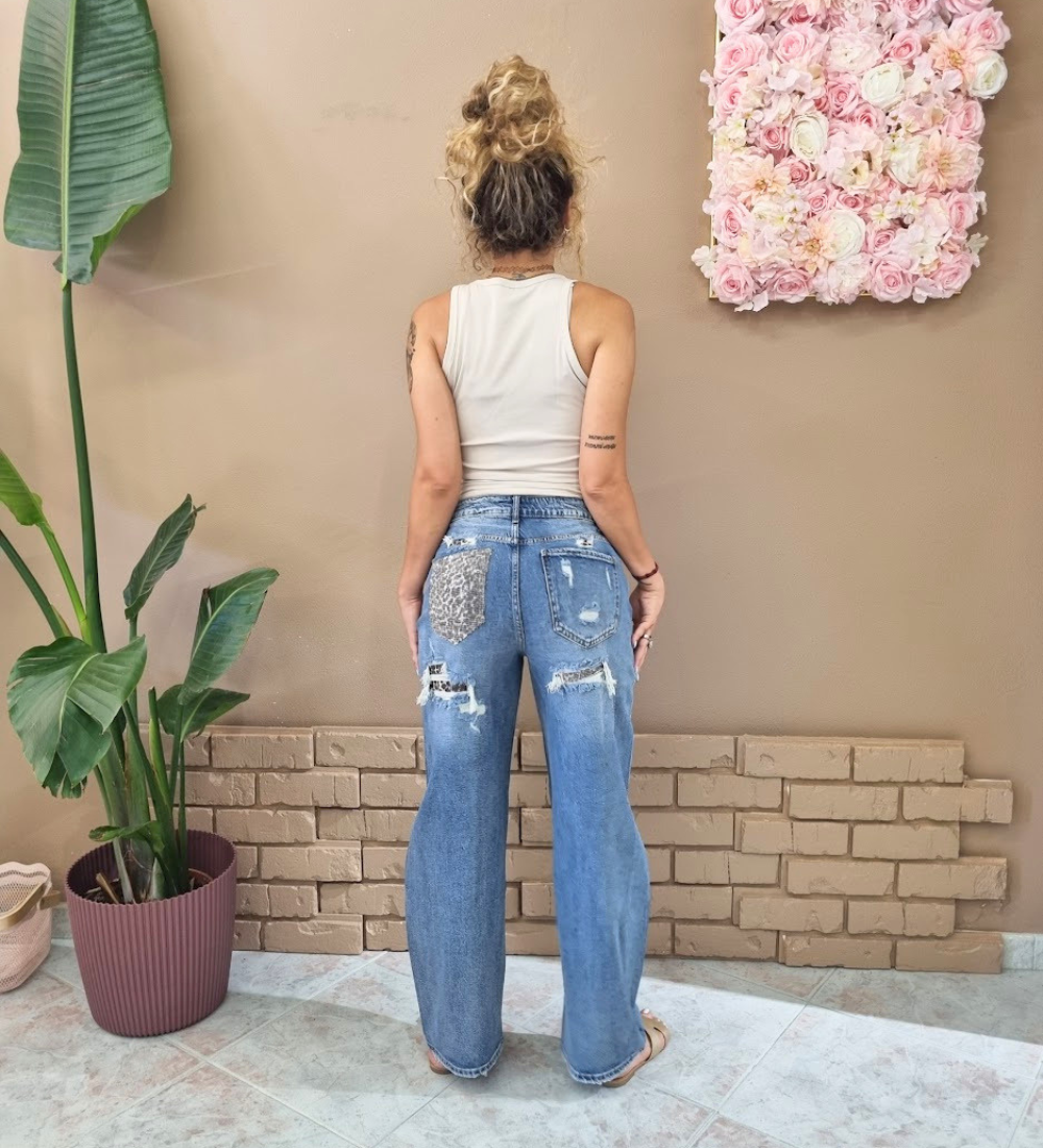 Jeans Barrel con Tasca Animalier Glitter & Dettagli Cut-Out