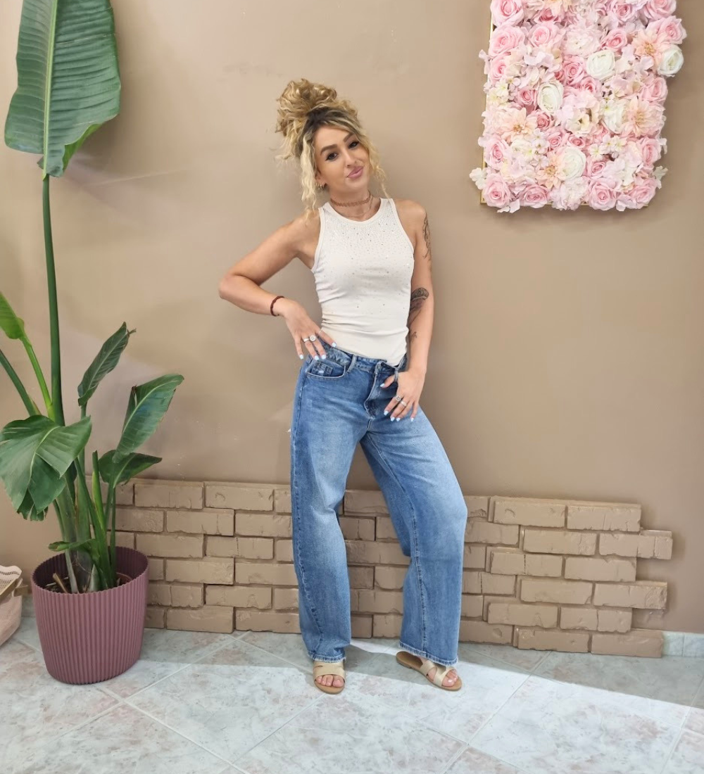 Jeans Barrel con Tasca Animalier Glitter & Dettagli Cut-Out