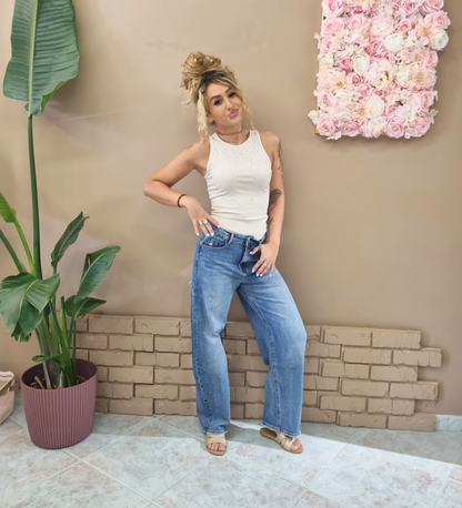 Jeans Barrel con Tasca Animalier Glitter & Dettagli Cut-Out