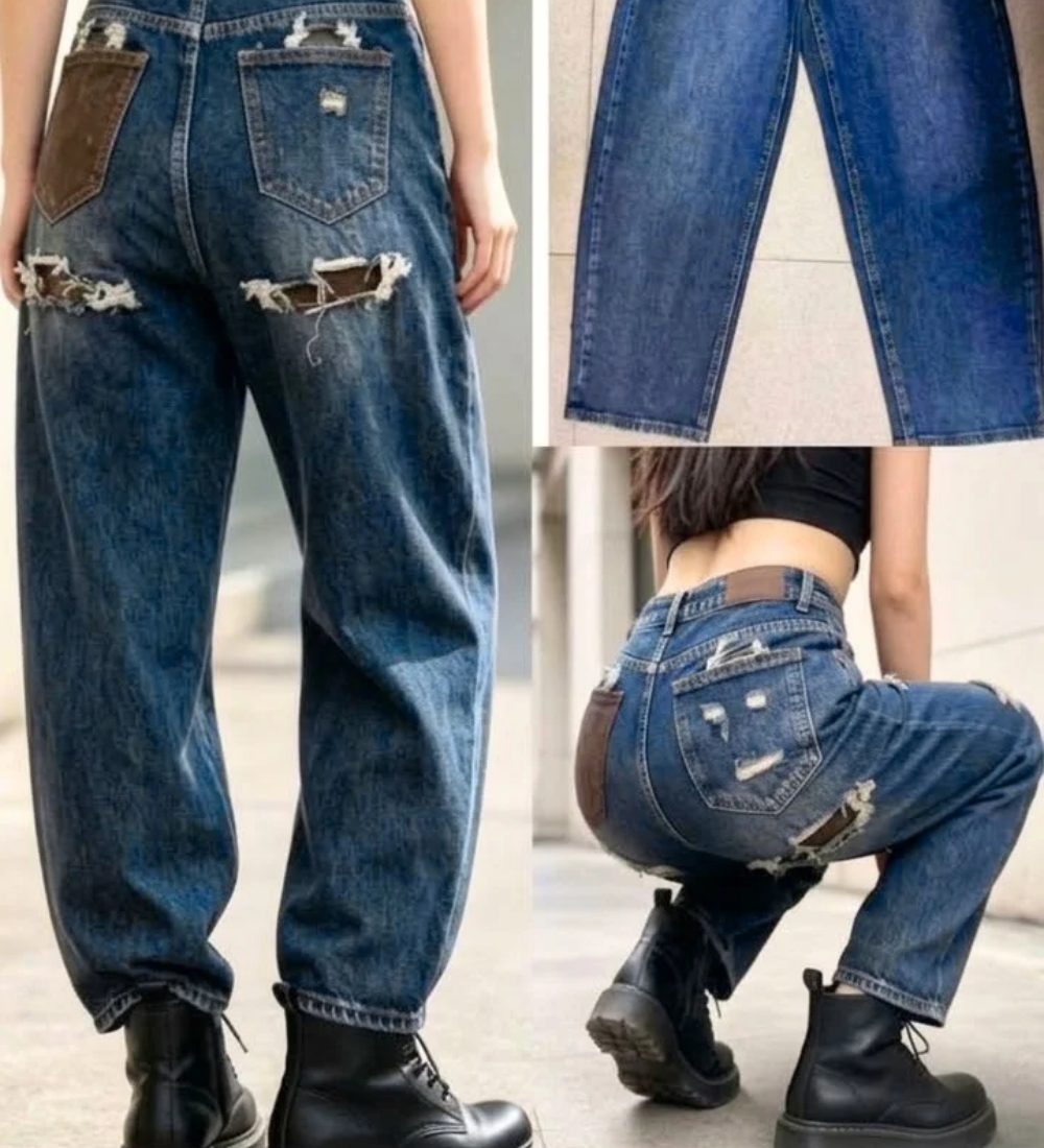 Jeans Balloon con Dettagli Glitz & Patch Marroni