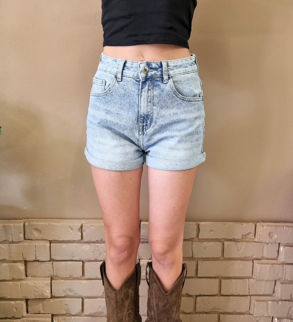Shorts in Denim Bianco a Vita Alta con Risvolto Regolabile