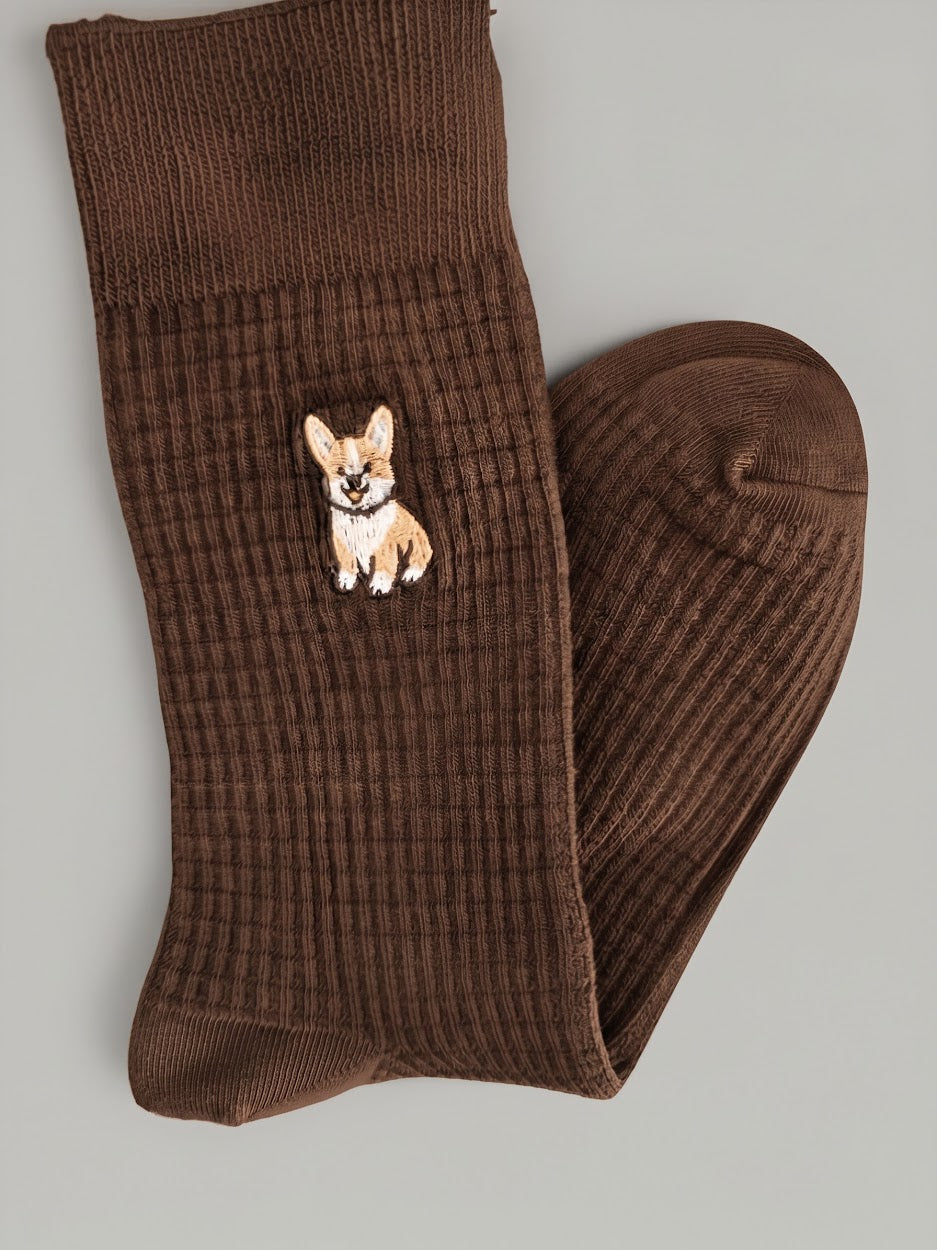 Calze a Coste con Ricamo Corgi