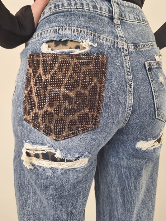 Jeans Denim gamba palazzo con Tasca Glitterata Animalier