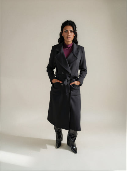 Cappotto Lungo Sartoriale con Cintura in Vita