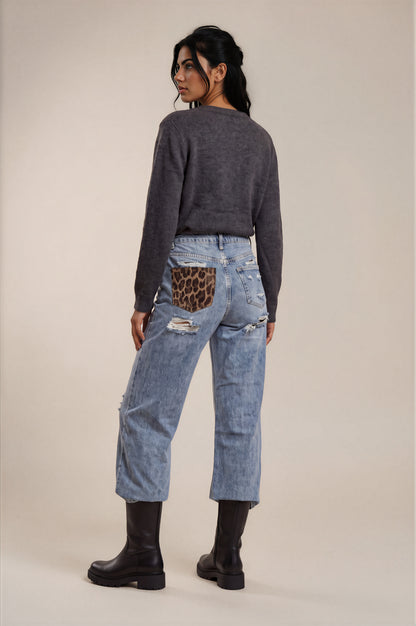 Jeans Denim gamba palazzo con Tasca Glitterata Animalier