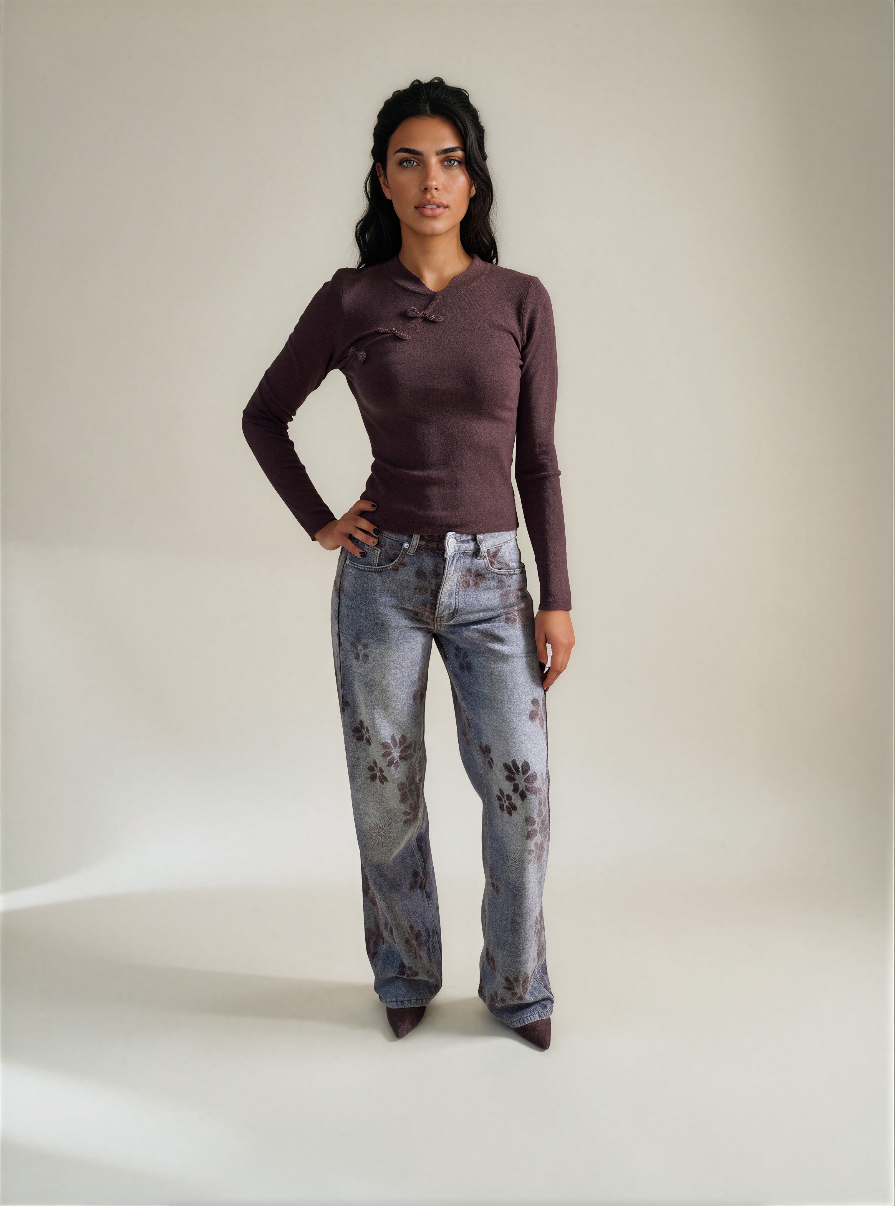 Jeans Denim con Stampa Floreale