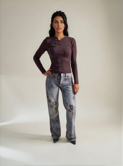 Jeans Denim con Stampa Floreale