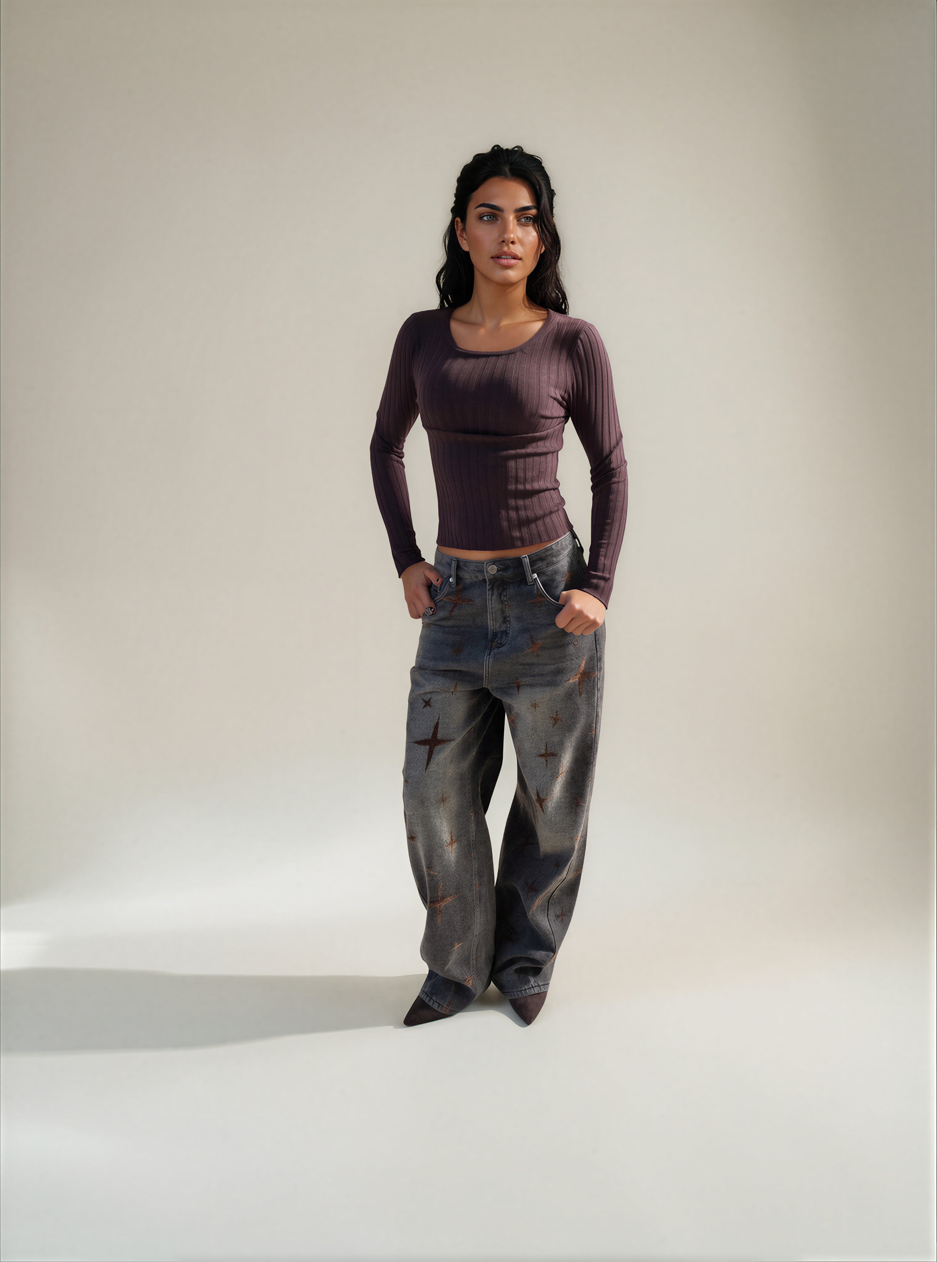 Jeans Wide Leg con stampa stelle in velluto