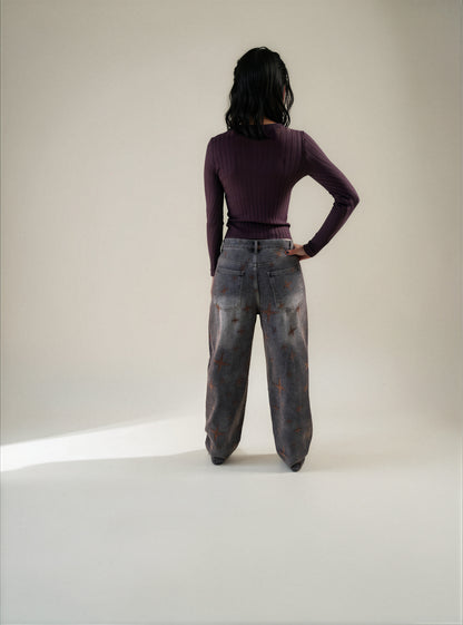 Jeans Wide Leg con stampa stelle in velluto