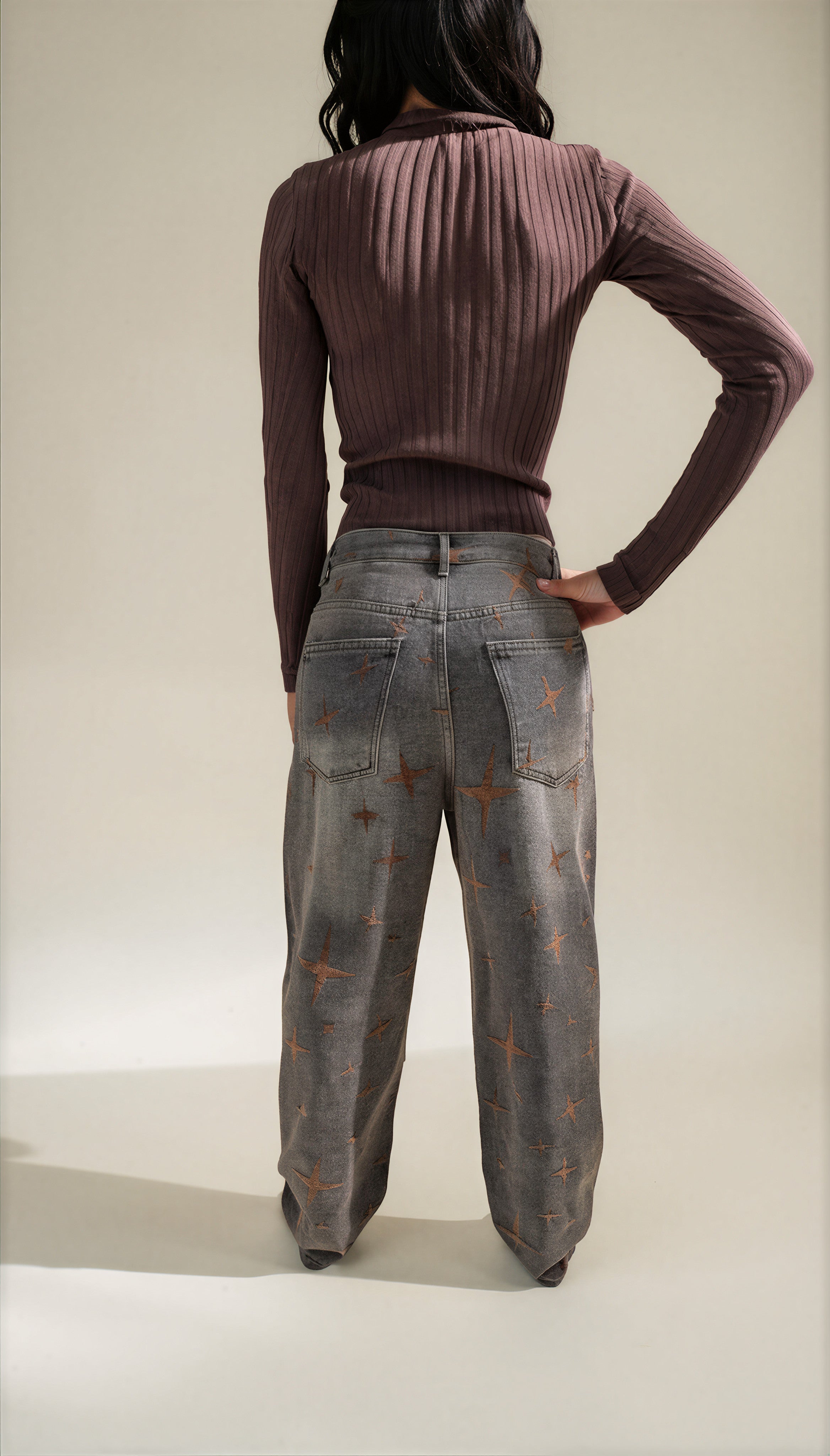 Jeans Wide Leg con stampa stelle in velluto