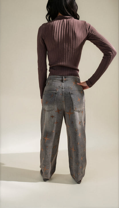 Jeans Wide Leg con stampa stelle in velluto