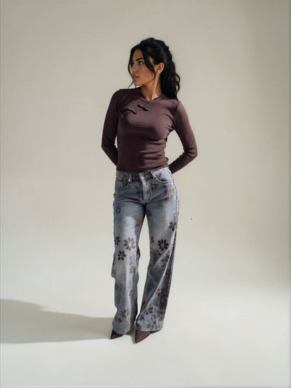 Jeans Denim con Stampa Floreale