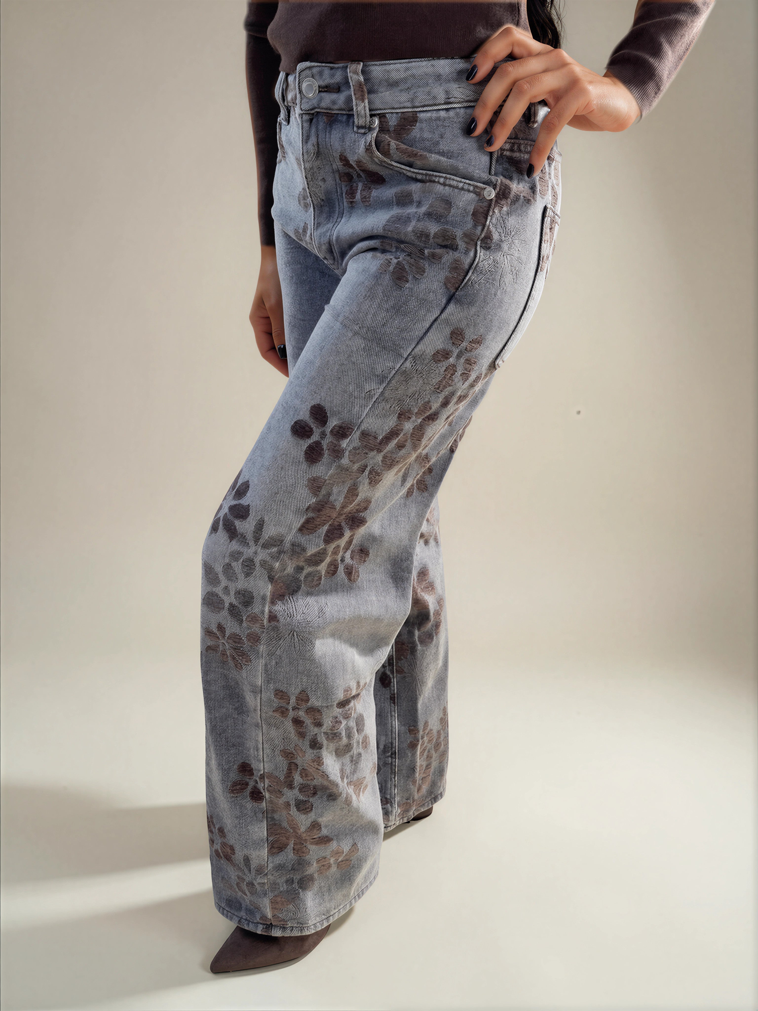 Jeans Denim con Stampa Floreale
