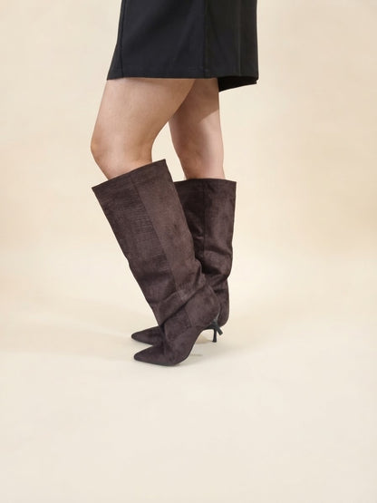 Stivali Alti in Eco-Suede con Tacco Stiletto e Dettaglio Coccodrillo