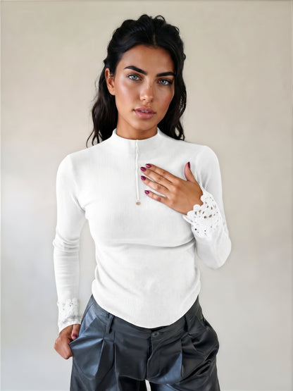 Maglia Elegante con Inserti in Pizzo e Collo Alto