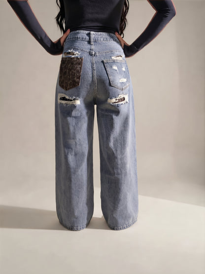 Jeans Denim gamba palazzo con Tasca Glitterata Animalier