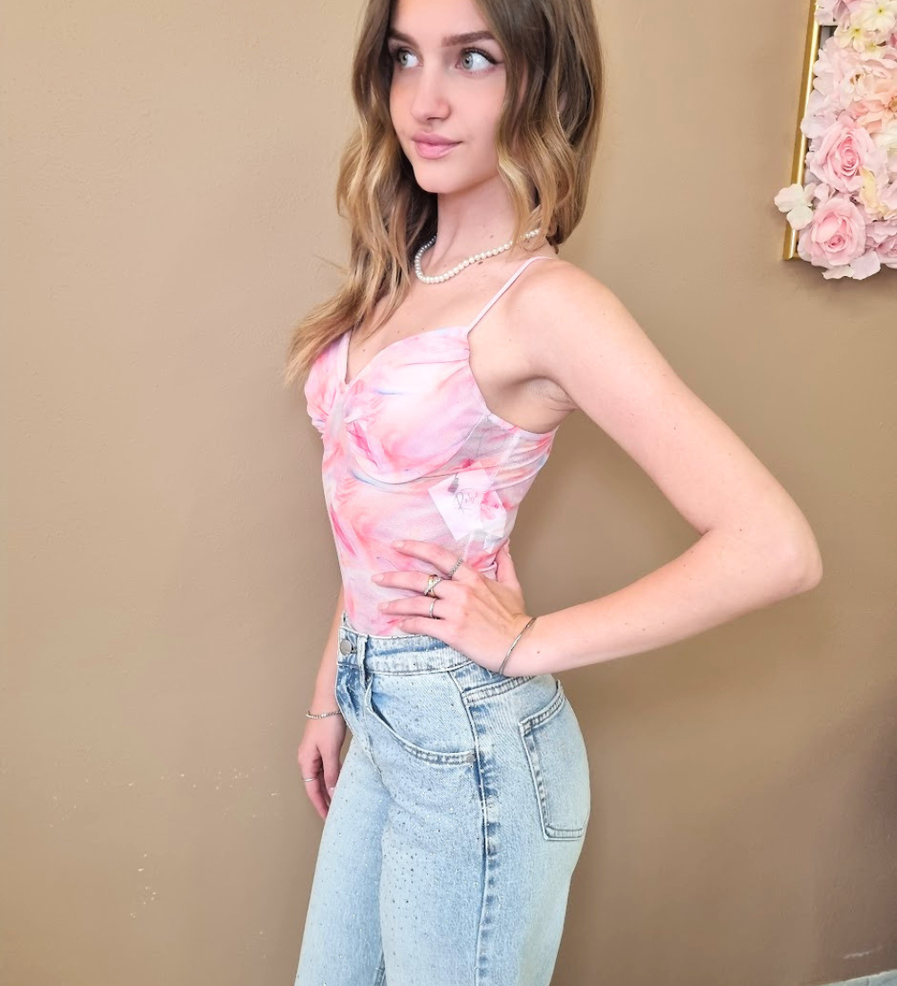 Body Bustier in Mesh Effetto Tie-Dye- Rosa