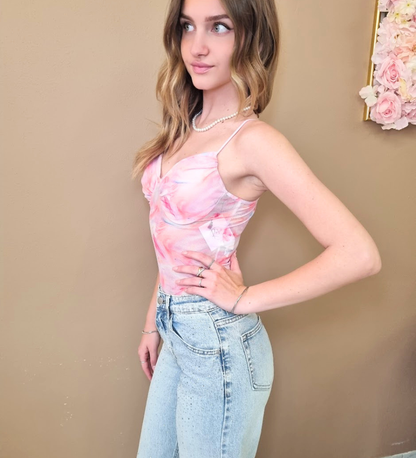 Body Bustier in Mesh Effetto Tie-Dye- Rosa