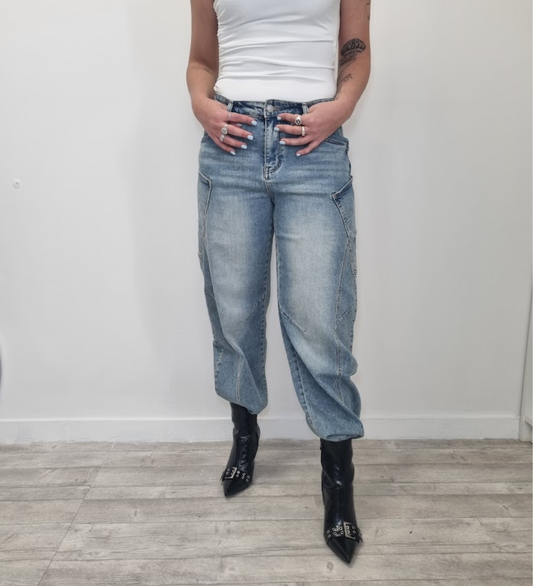 Jeans Wide-Leg Patchwork - Lavaggio Denim Medio