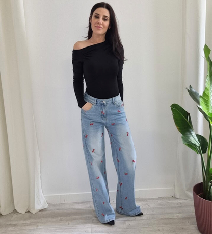 Jeans Wide Leg con Ricamo Ciliegie