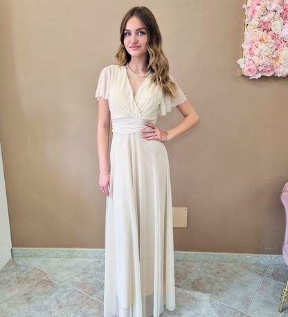 Abito Lungo in Chiffon con Scollo a V e Maniche a Farfalla - Crema