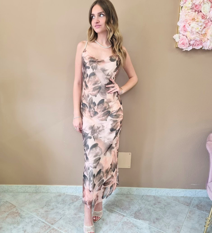 Abito Midi Sottoveste a Fantasia Floreale Beige